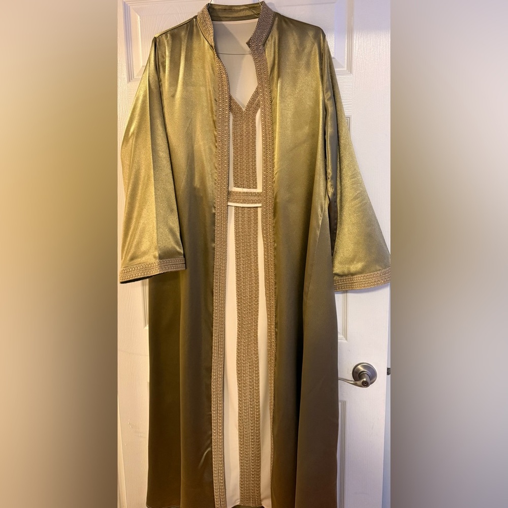 Elegant Gold Green Satin 3 piece Kaftan